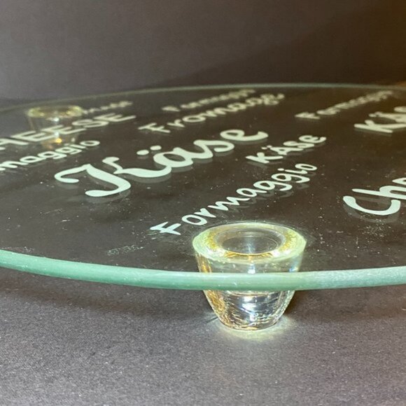 Large Clear Glass Cheese Platter Words Fromage Formaggio Käse - Picture 3 of 3